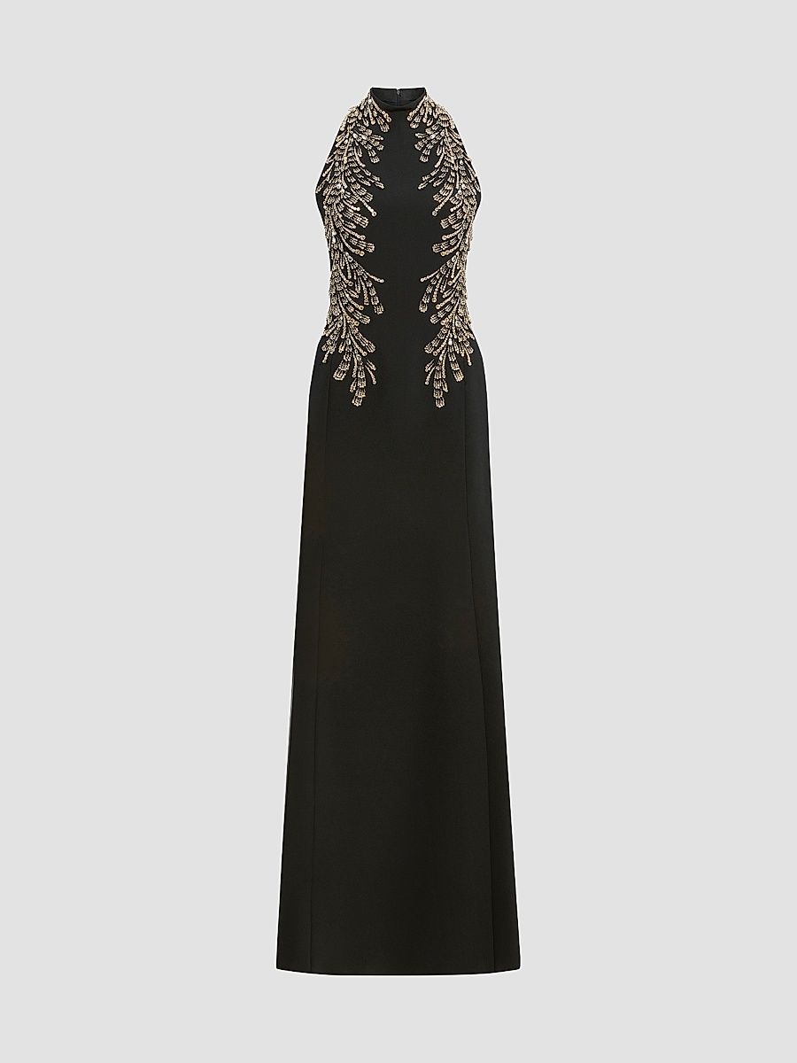 Jenny Packham Women's Elu Beaded Crêpe Halter Gown - Liquorice - Size 6