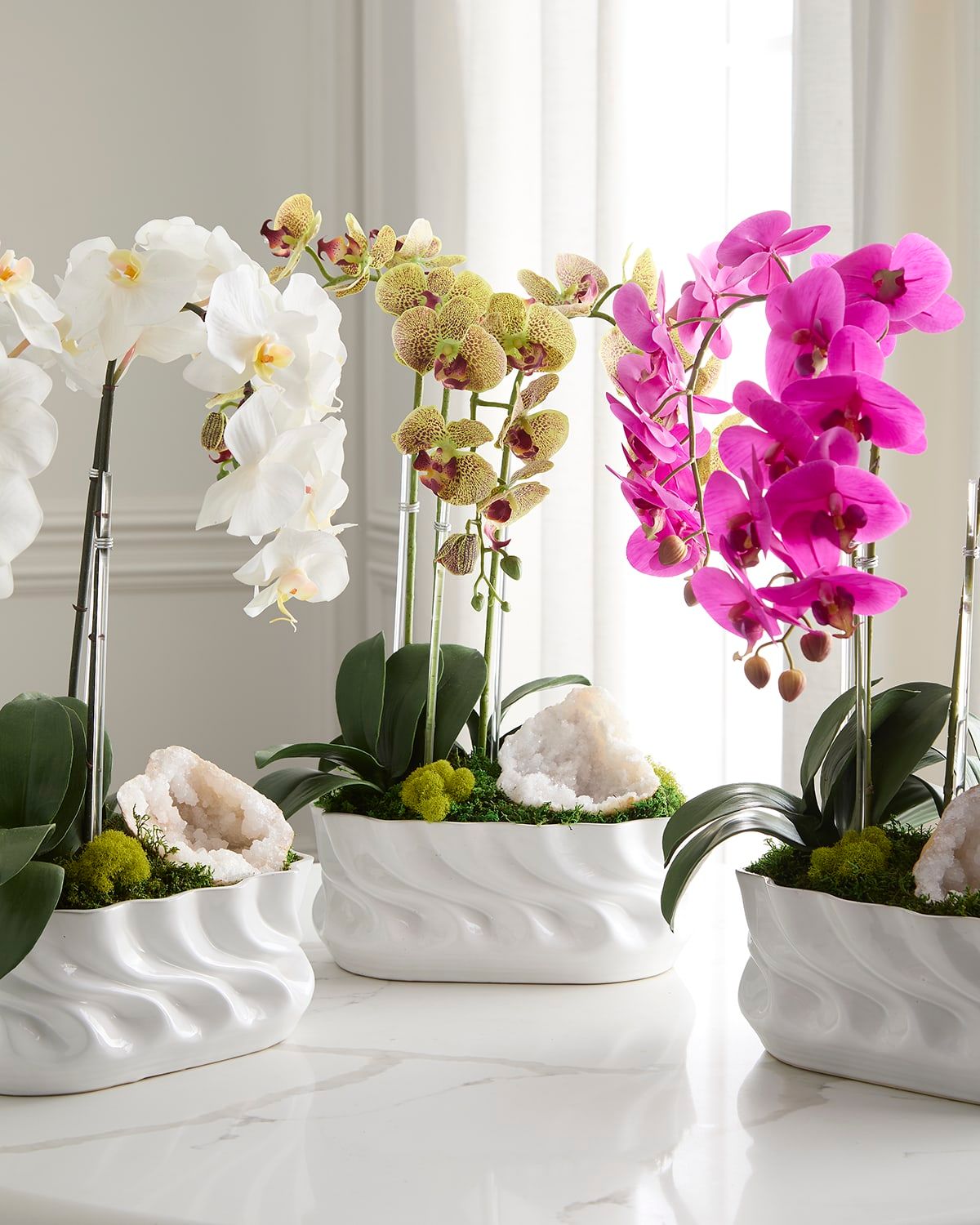 Triple Orchid with Quartz 23" Faux Floral Arrangement in Ripple Vase