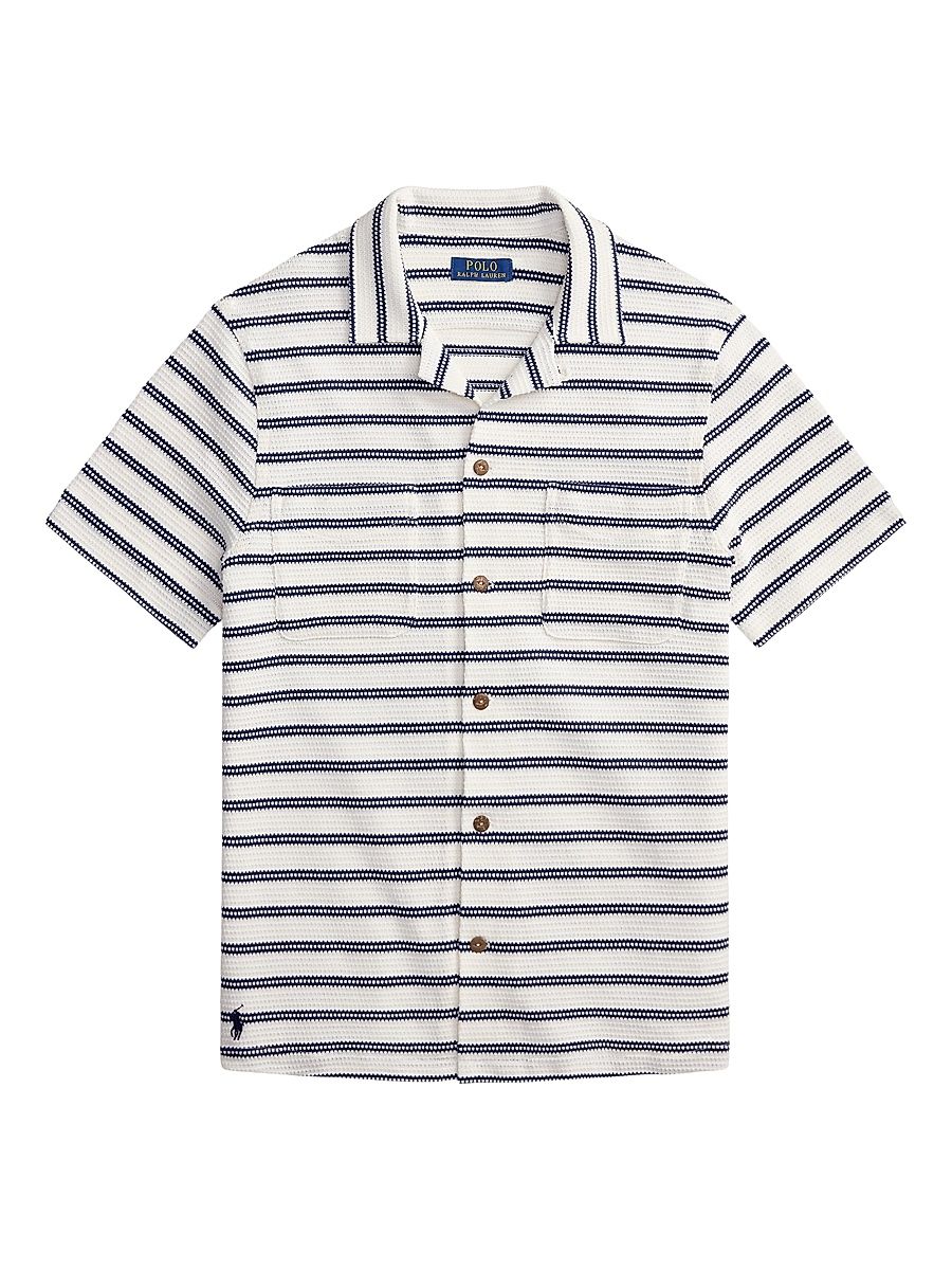 Men's Striped Cotton-Blend Camp Shirt - Pale Cream Newport Navy - Size XXL