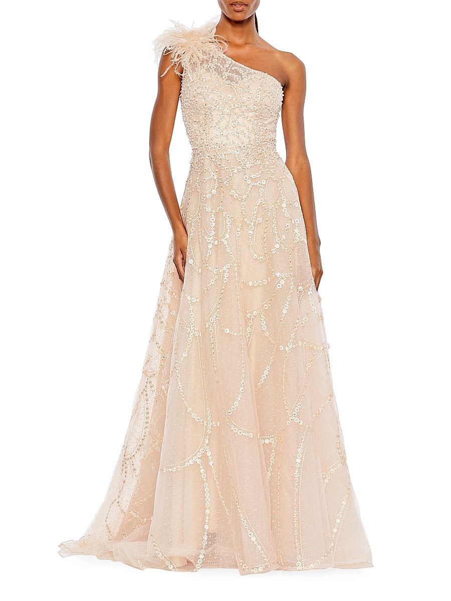 Women's Sequin & Feather-Embellished Gown - Peach - Size 20