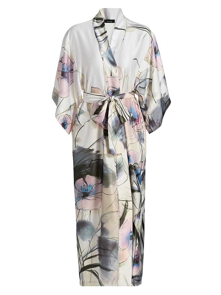 Women's Hiyaku Floral Charmeuse Belted Robe - Size XL