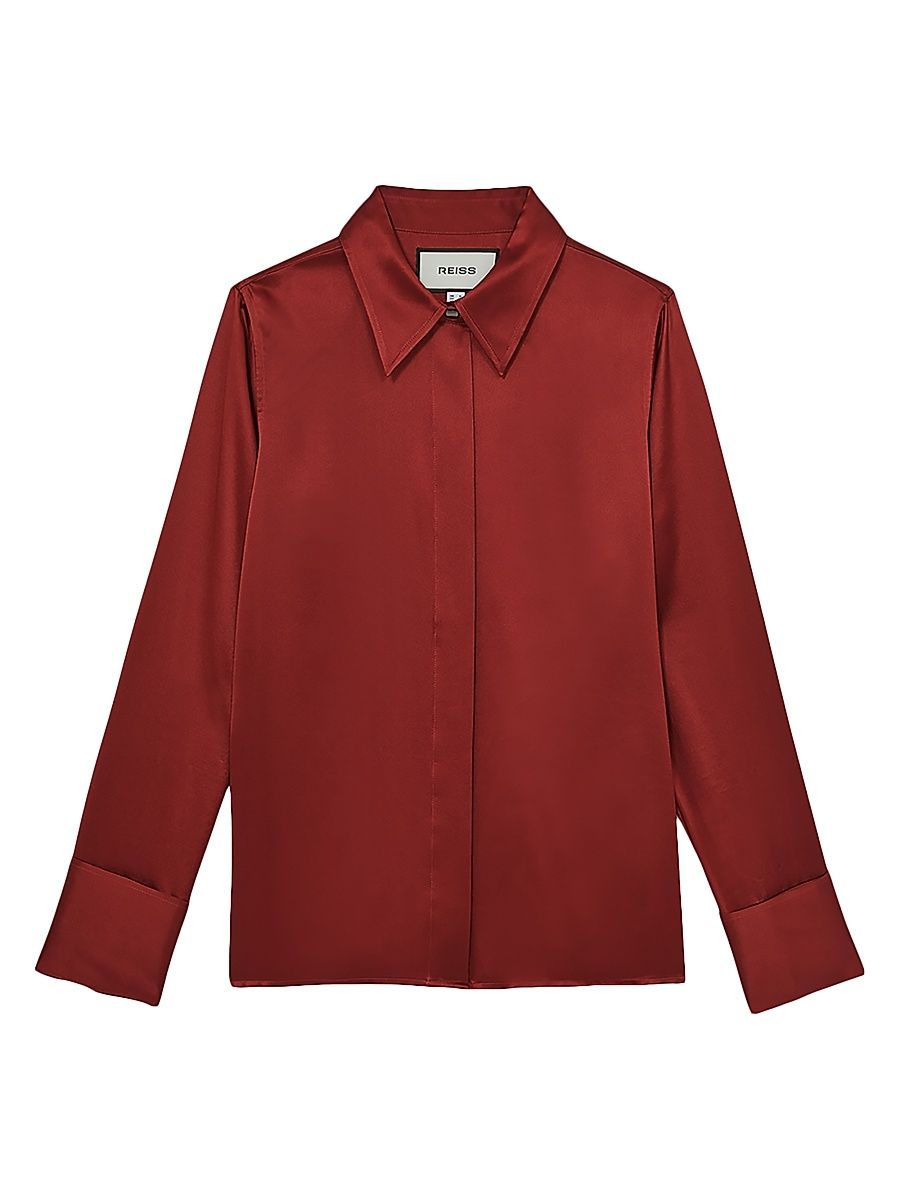 Women's Ameira Silk Button-Front Shirt - Dark Red - Size 14