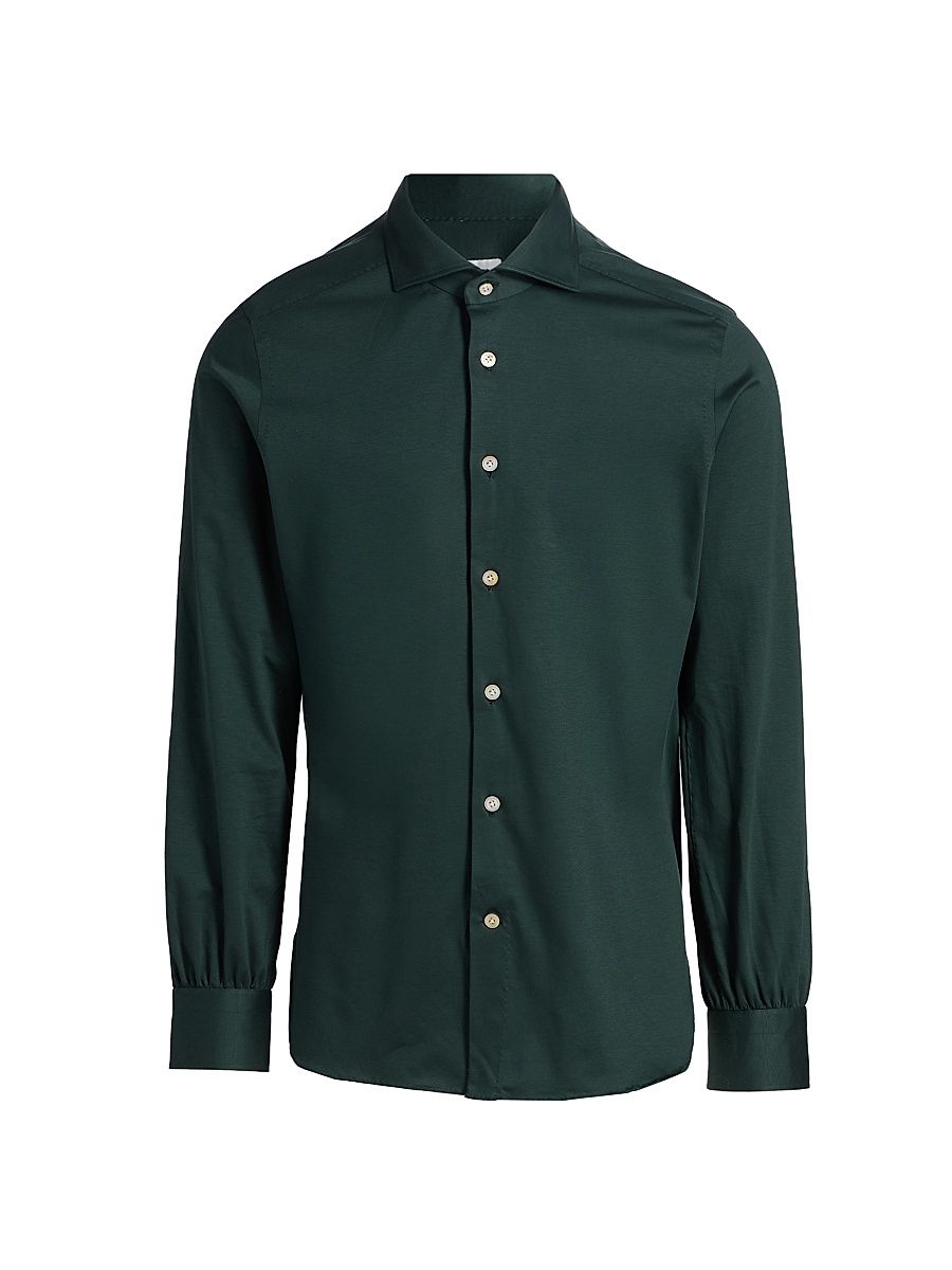 Men's Slim-Fit Cotton Shirt - Dark Green - Size 18.5
