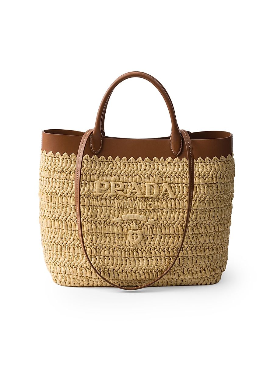 Women's Small Woven Fabric and Leather Tote Bag - Beige Brown