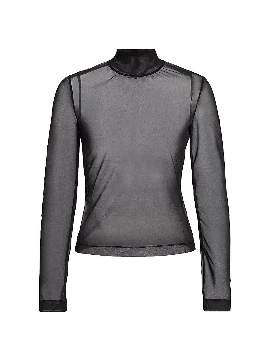 Women's Sheer Turtleneck Long-Sleeve T-Shirt - Black - Size Small
