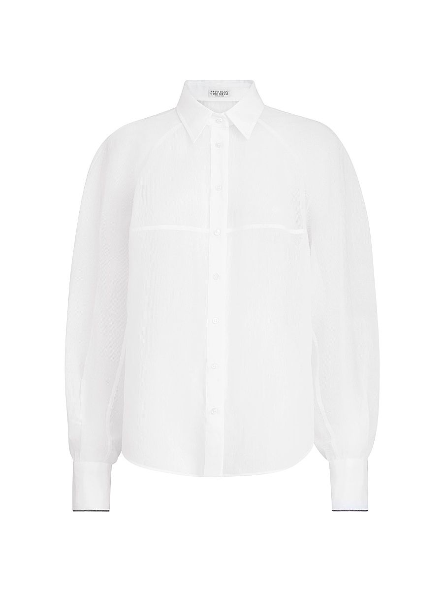 Women's Striped Cotton Organza Shirt with Monili - White - Size XXL