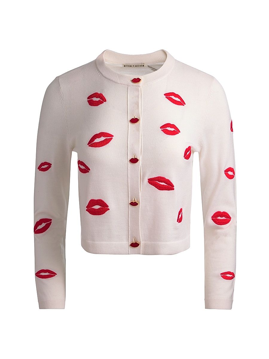 Women's Daroda Kiss Lipstick Stretch-Wool Cardigan - Soft White Multi - Size XL