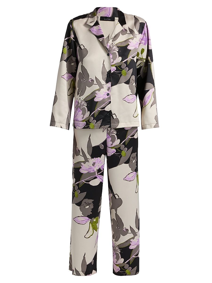 Women's Tsubaki Floral Charmeuse Pajamas - Black Multi - Size XL
