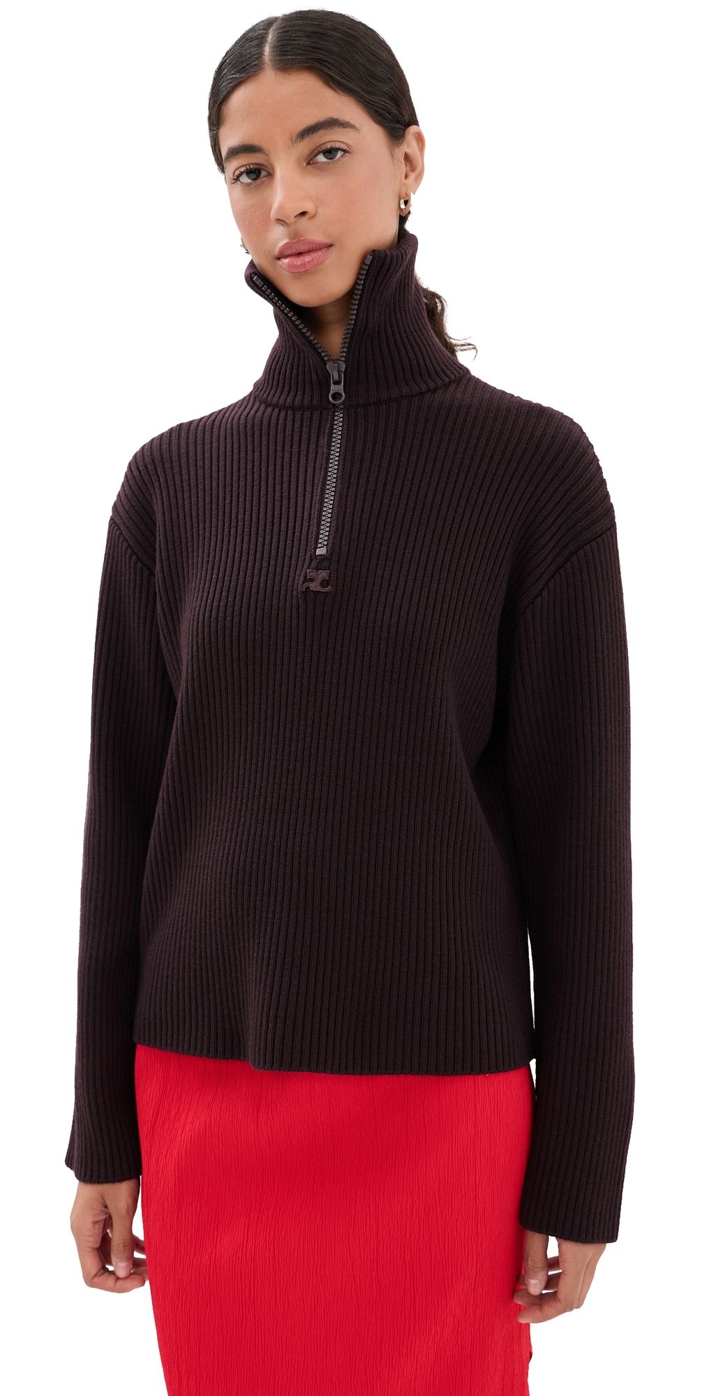 Courrèges Ribbed Merino Wool Trucker Sweater Burnt Red L