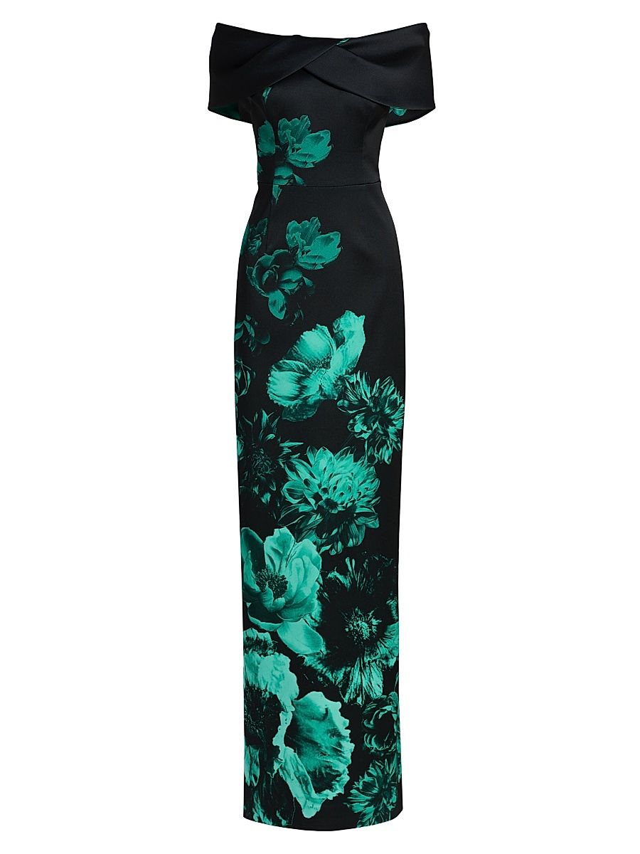 Women's Floral Off-the-Shoulder Column Gown - Black Green - Size 18