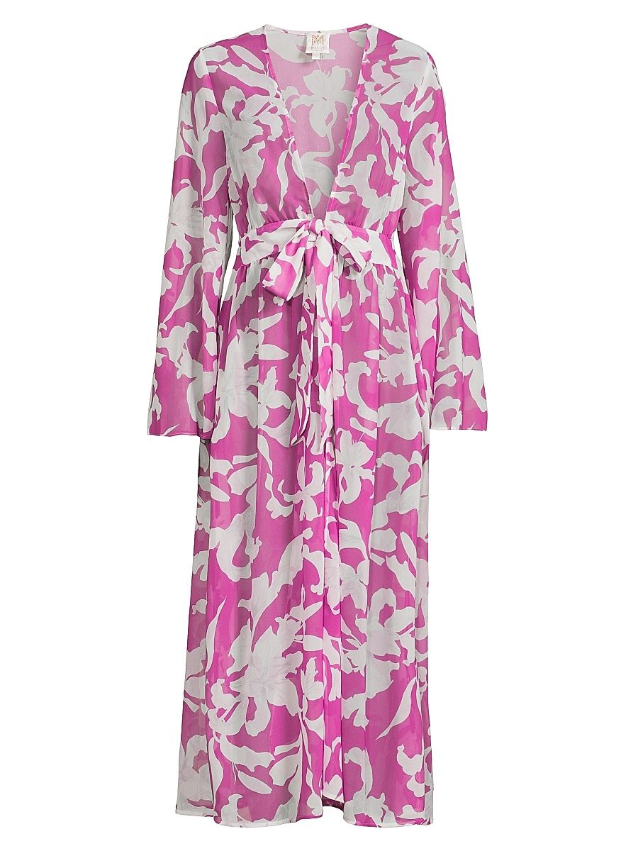 Women's Vince Lily Abstract Chiffon Tie-Waist Maxi-Dress - Strawberry Ecru - Size Medium