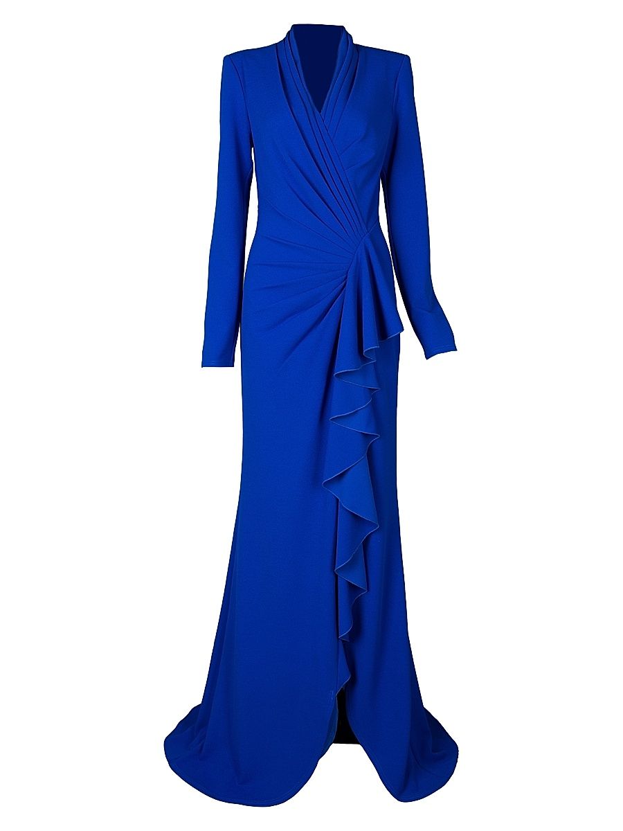 Women's Crepe Ruffled Long-Sleeve Gown - Mystic Blue - Size XL