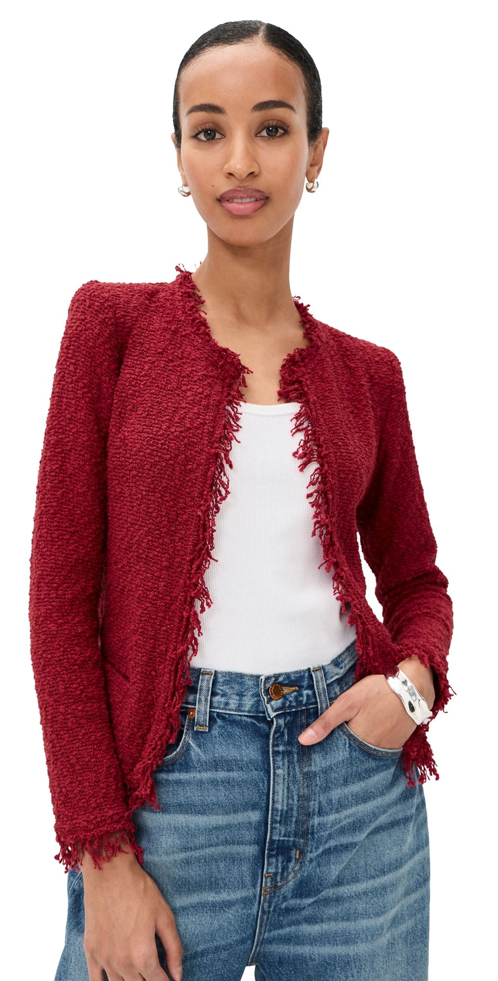 IRO Shavani Fringe Hem Tweed Jacket Lipstick Red 32