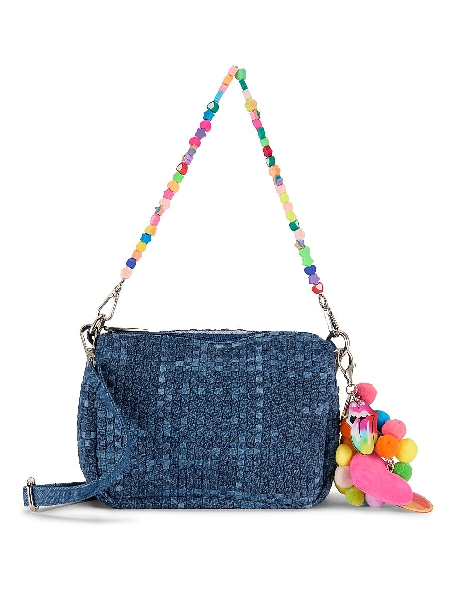 Woven Denim Charm Shoulder Bag - Blue