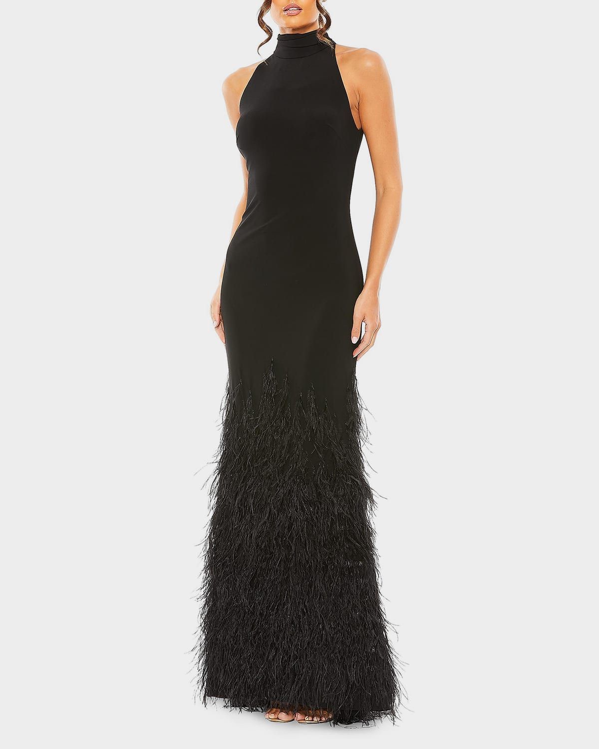 Feathered Jersey Halter Gown
