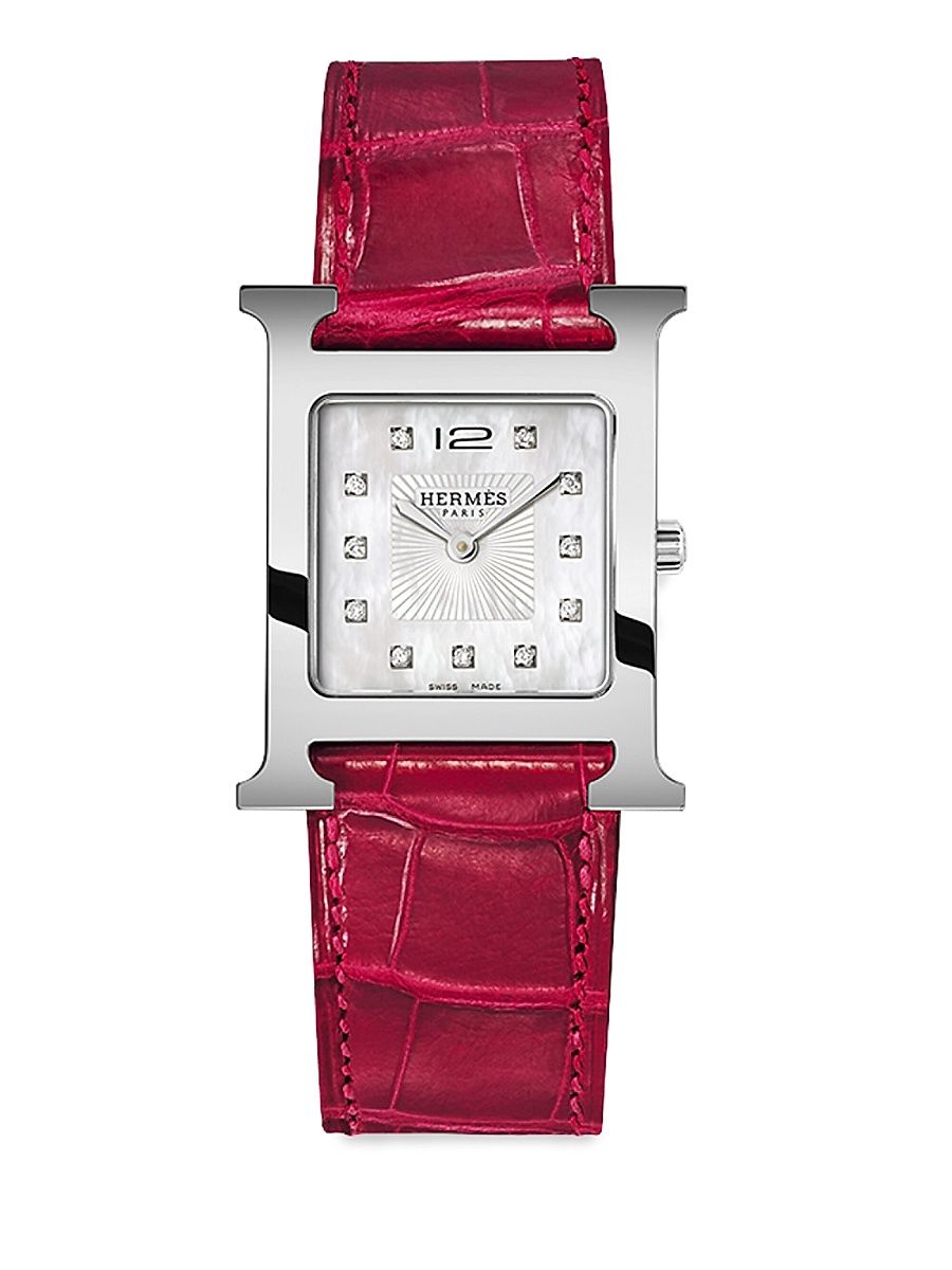 Women's Heure H Diamond, Stainless Steel & Alligator Strap Watch/23MM - Red