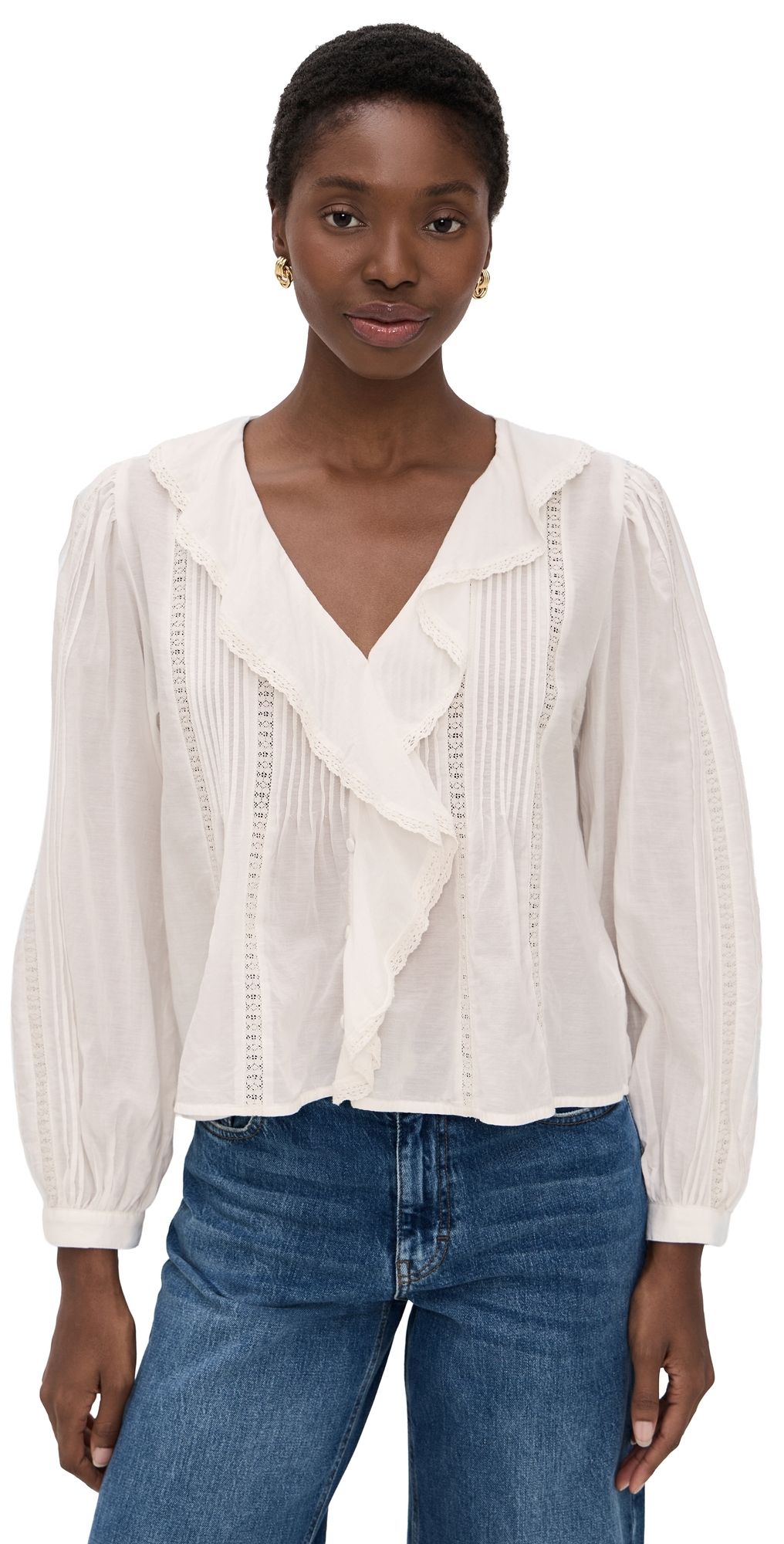 Madewell Lace-Insert Ruffled Pintuck Long-Sleeve Top Winter White XXL