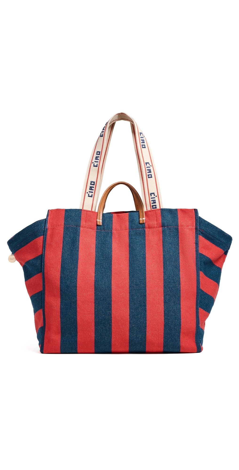 Clare V. Canvas Stripe Beach Tote Bag Poppy/French Blue One Size