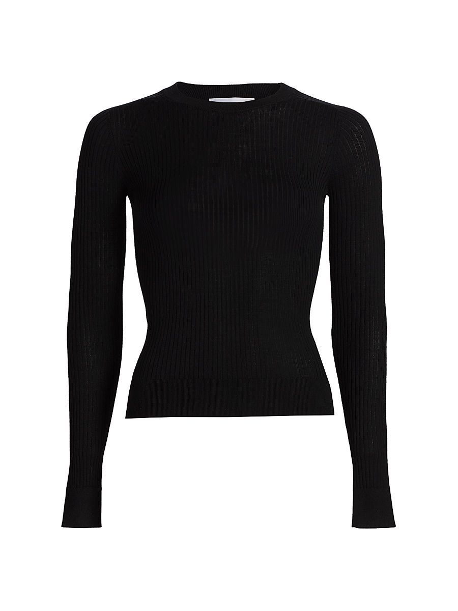 Women's Merino Wool Rib-Knit Crewneck Sweater - Black - Size XL