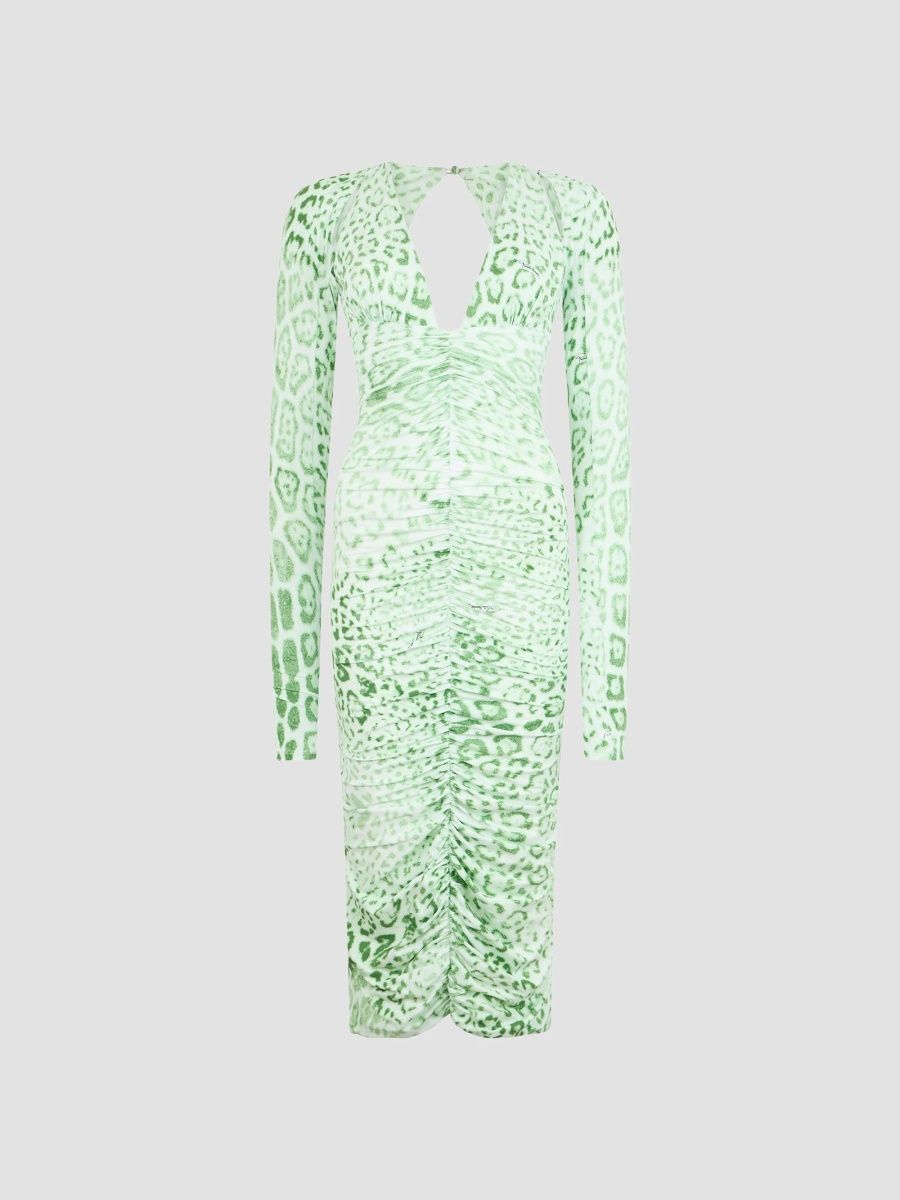 Roberto Cavalli Women's Leopard-Print Ruched Midi Dress - Pistachio Green - Size 4