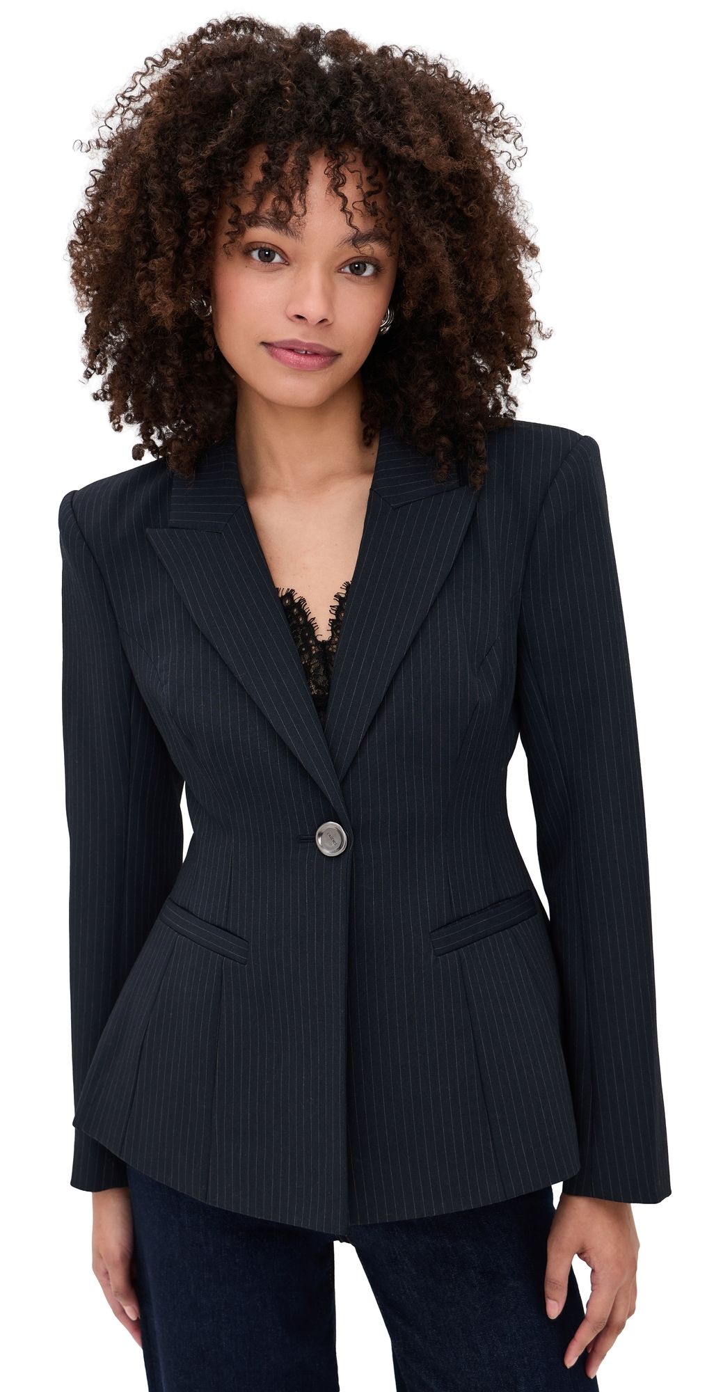 L'AGENCE Therese Cinched Waist Blazer Midnight/Ivory Pinstripe 8