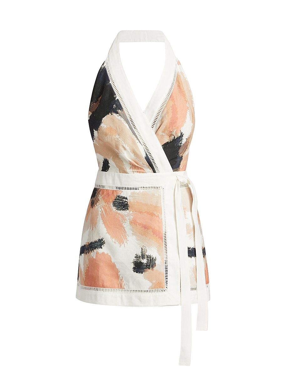 Women's Izzy Floral Linen-Blend Halterneck Wrap Minidress - Pearl Dahlia - Size 10