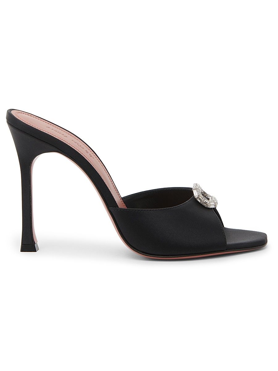 Women's Mini Camelia 105MM Crystal-Embellished Silk Mules - Black Satin White Crystal - Size 10.5