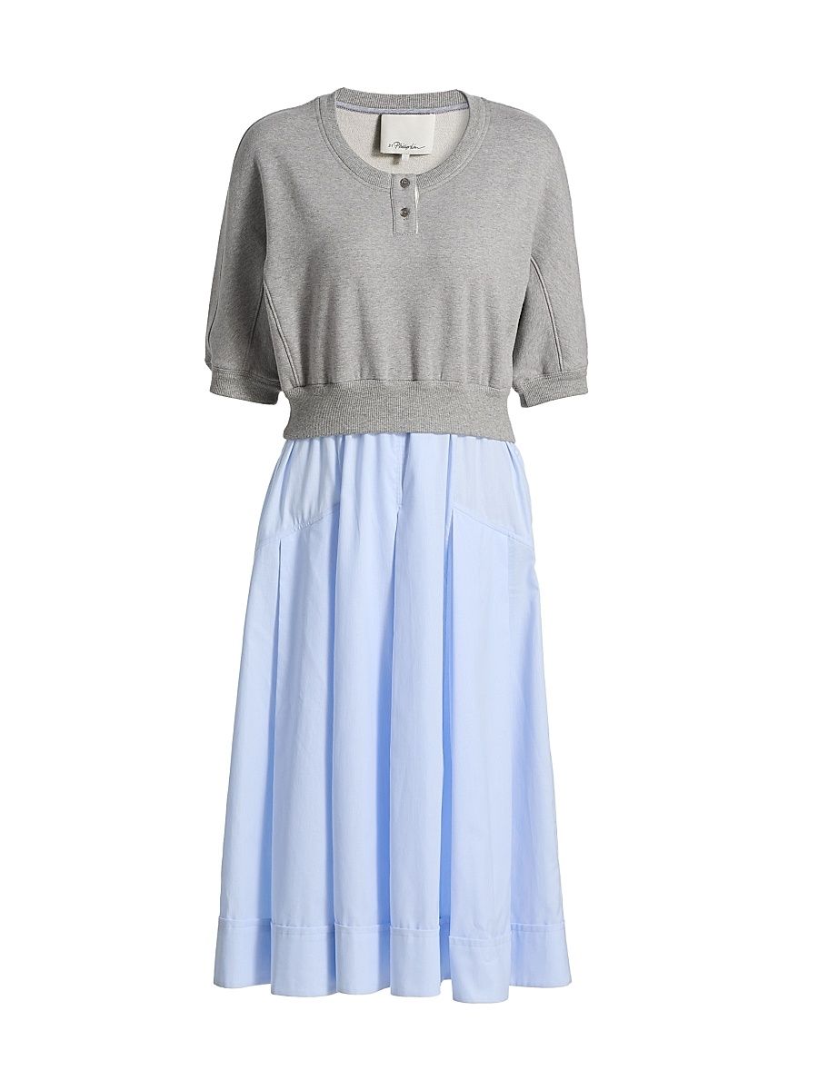 Women's Pieced Cotton Poplin Midi-Dress - Grey Melange Blue Multi - Size Large