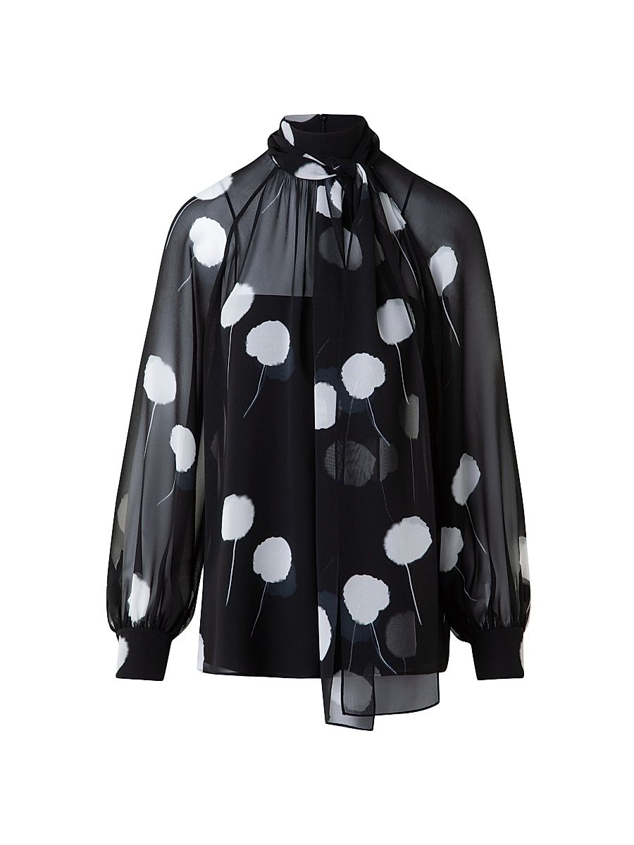 Women's Dandelion Silk-Georgette Bow Turtleneck Blouse - Black Ecru - Size 10