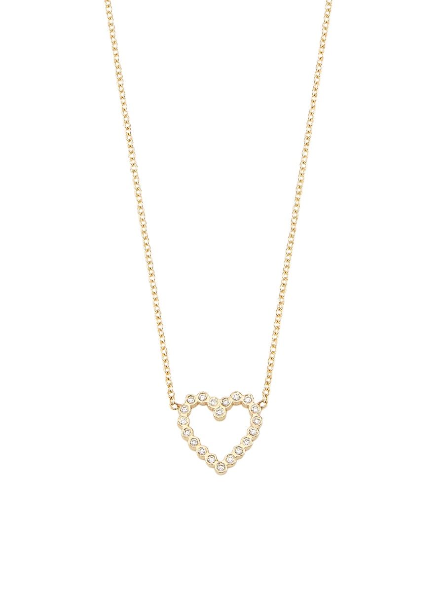 Women's 14K Yellow Gold & Diamond Small Open Heart Pendant Necklace - Yellow Gold