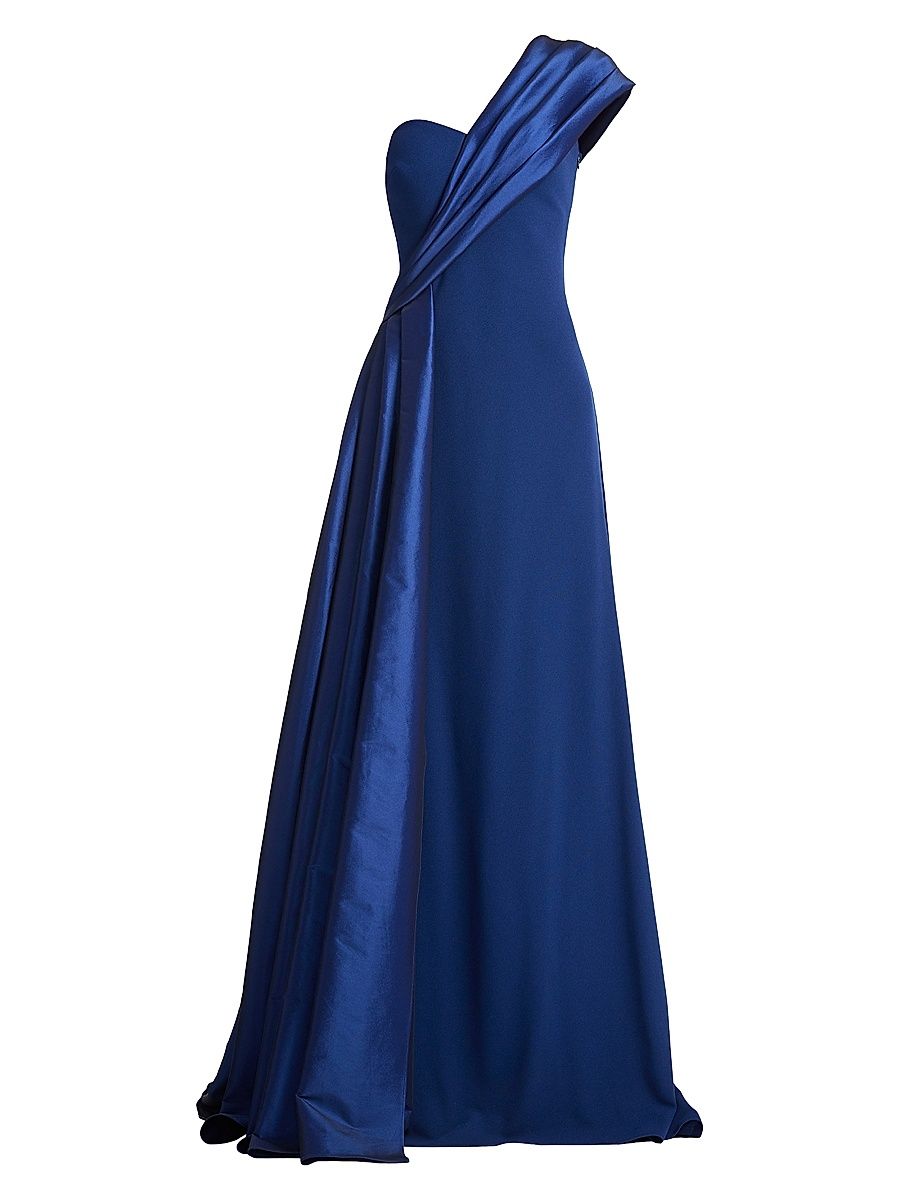 Women's One-Shoulder Taffeta-Trim Crepe Gown - Navy - Size XL