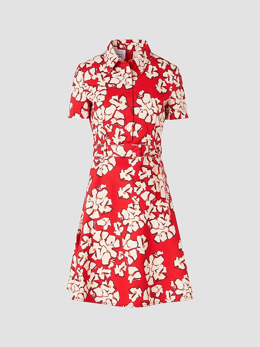 Women's Paper-Cut Flower Print Cotton Mini Shirtdress - Red Cream - Size 12