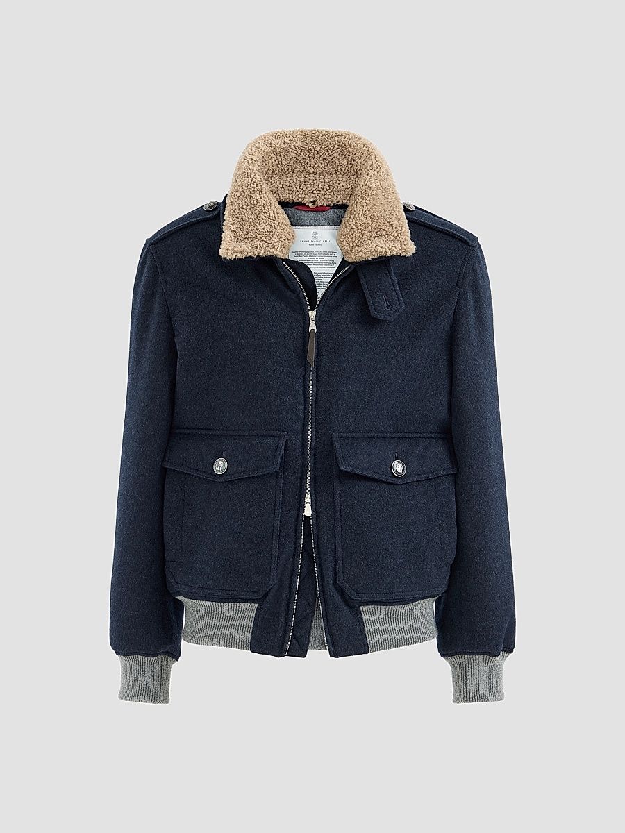 Men's Bonded Cashmere Beaver Cloth Bomber Jacket - Blue - Size 48