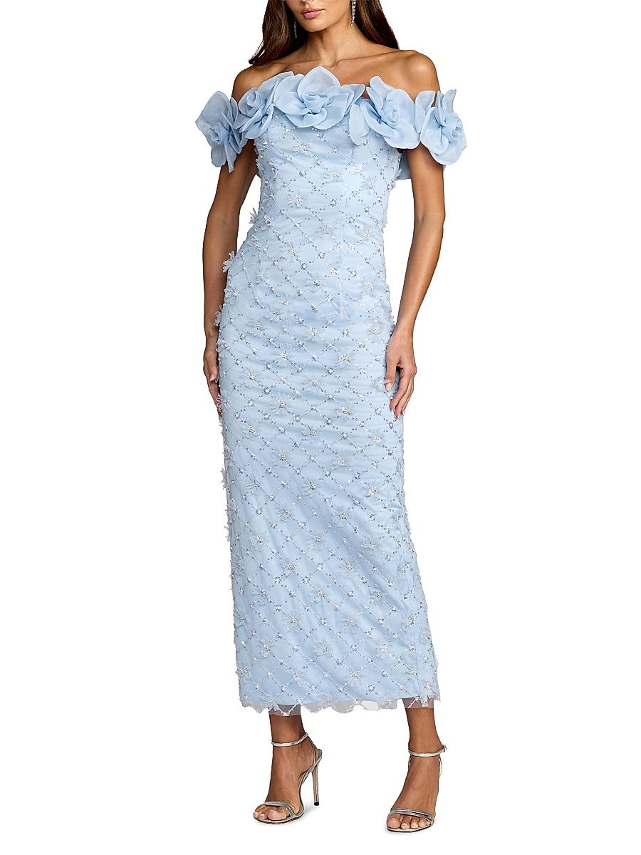 Women's Embroidered Floral Off-The-Shoulder Cocktail Dress - Powder Blue - Size 10