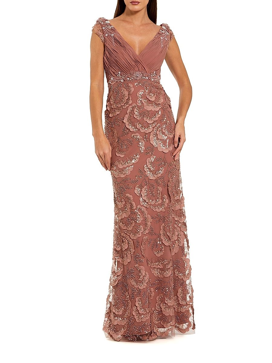 Women's Floral-Beaded Chiffon V-Neck Gown - Rose - Size 16
