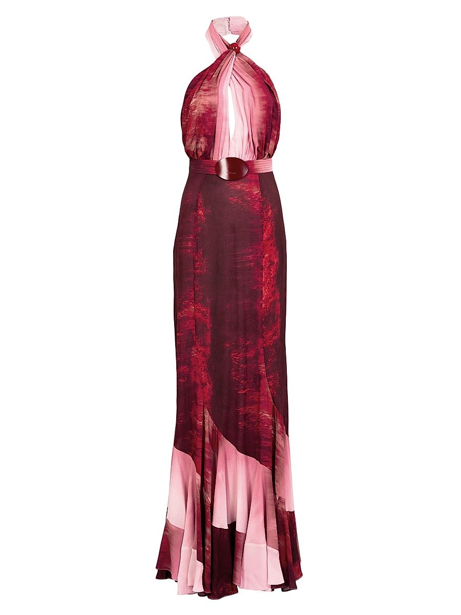 Women's Raisa Abstract Halterneck Belted Maxi Dress - Degraded Red - Size Large