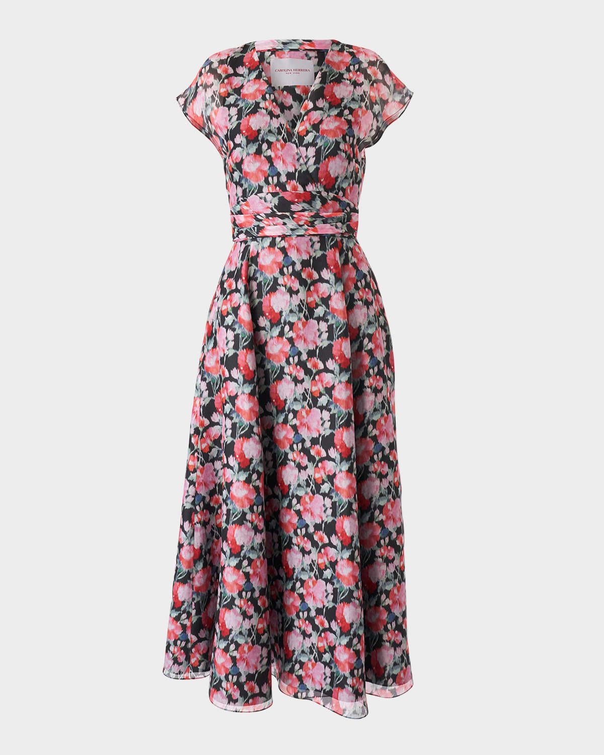 V-Neck Floral Silk Cap-Sleeve Midi Dress