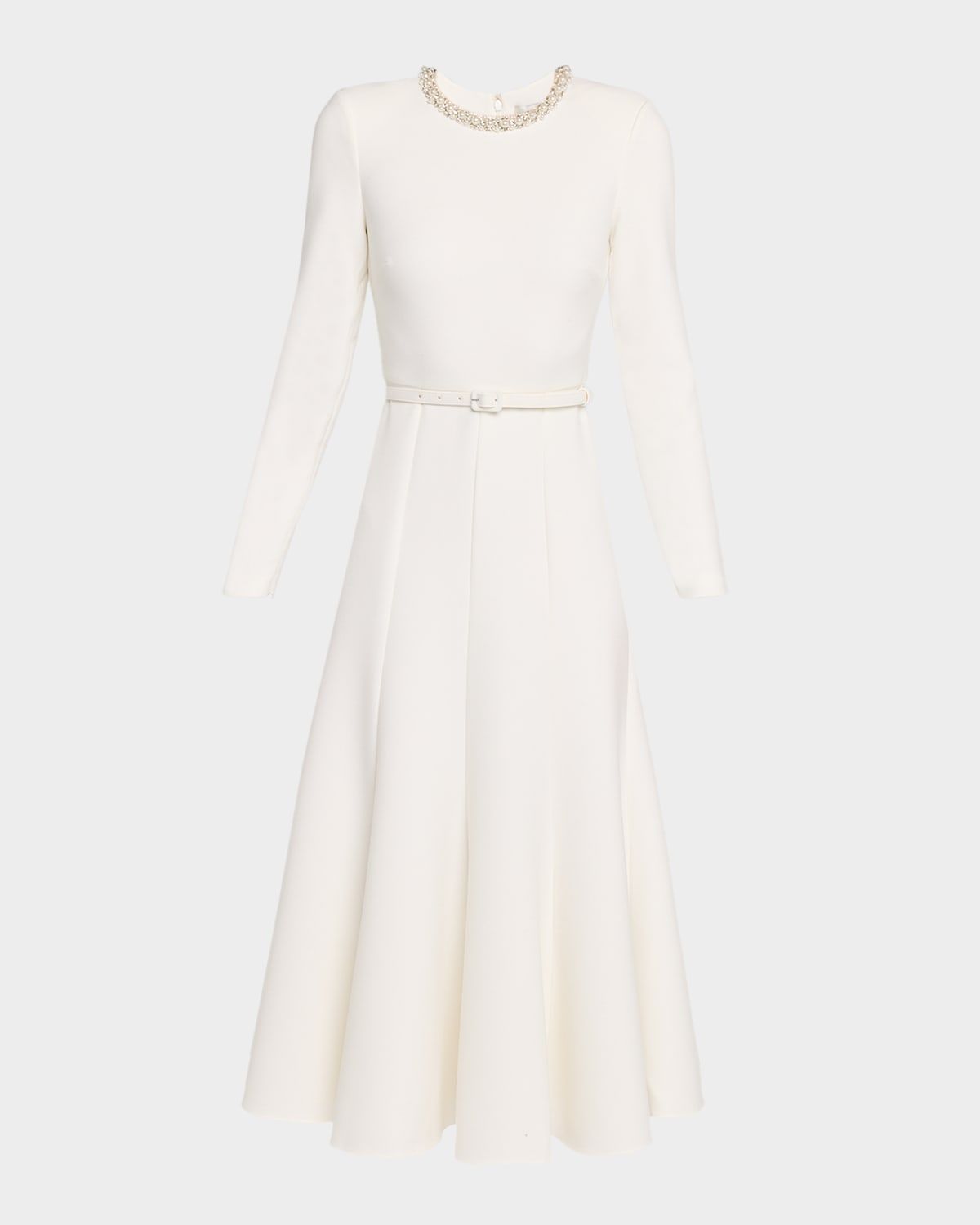 Crystal-Neck Belted Long-Sleeve Midi Dress