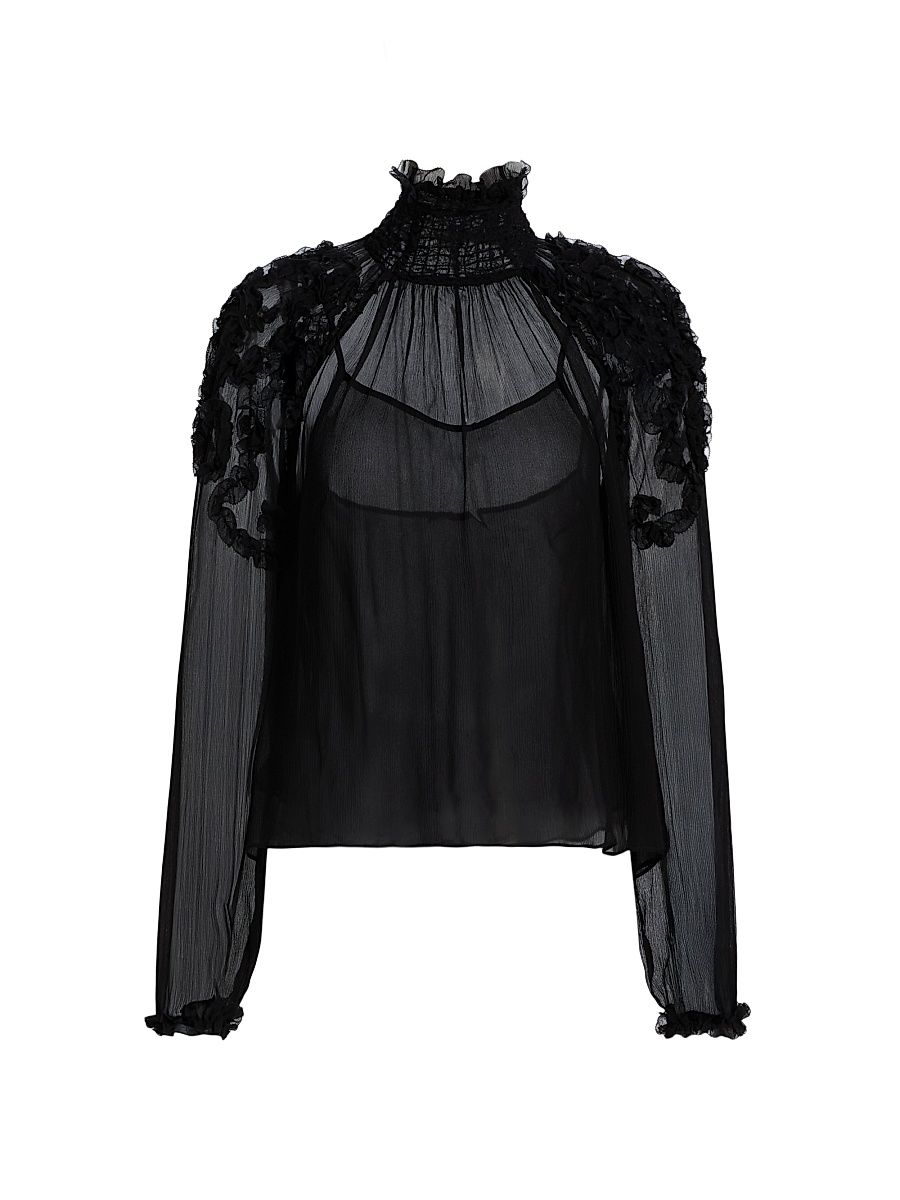 Women's Magdalena Silk Ruffled Blouse - Noir - Size 12