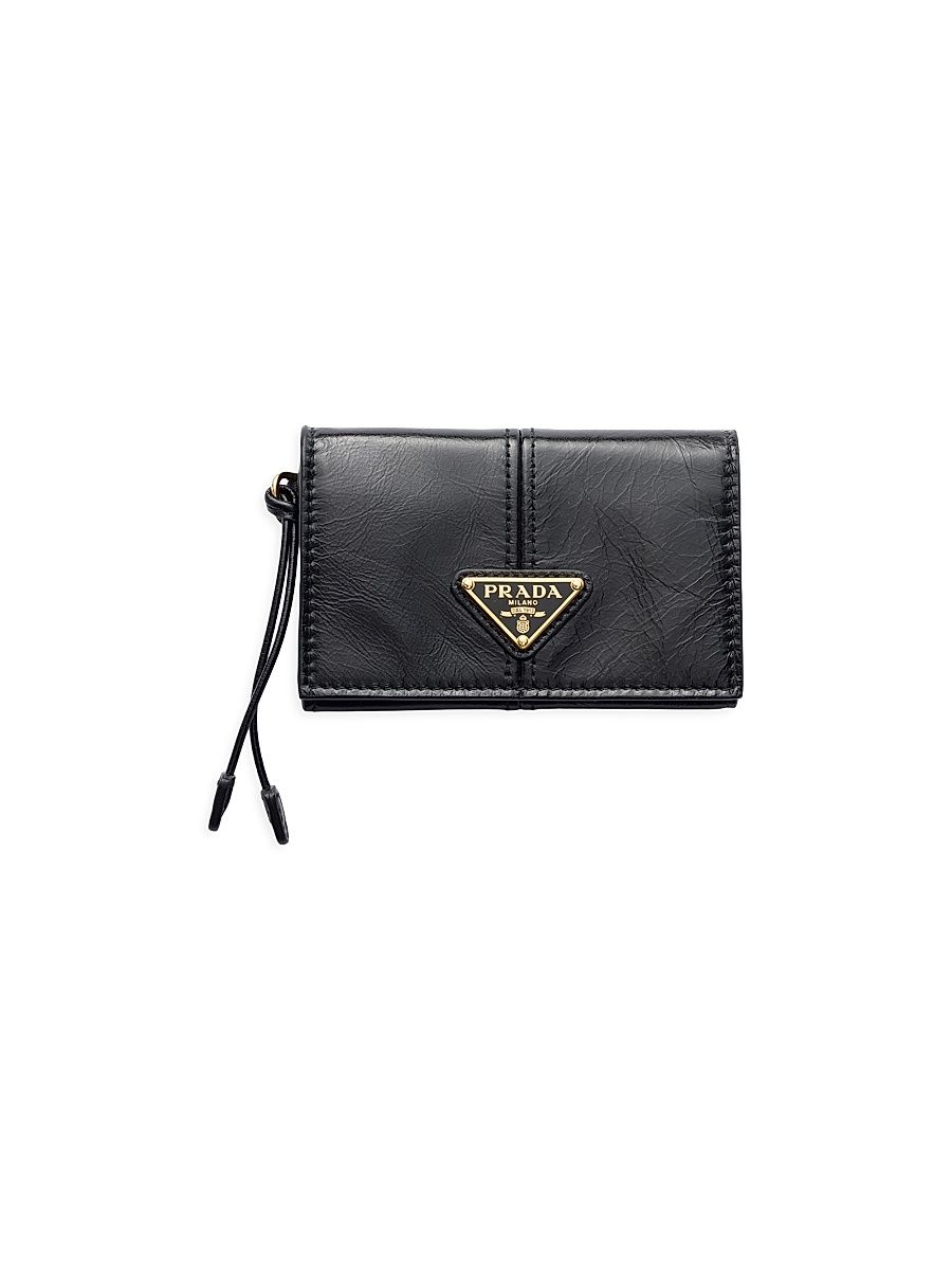 Women's Leather Card Holder with Flap - Black