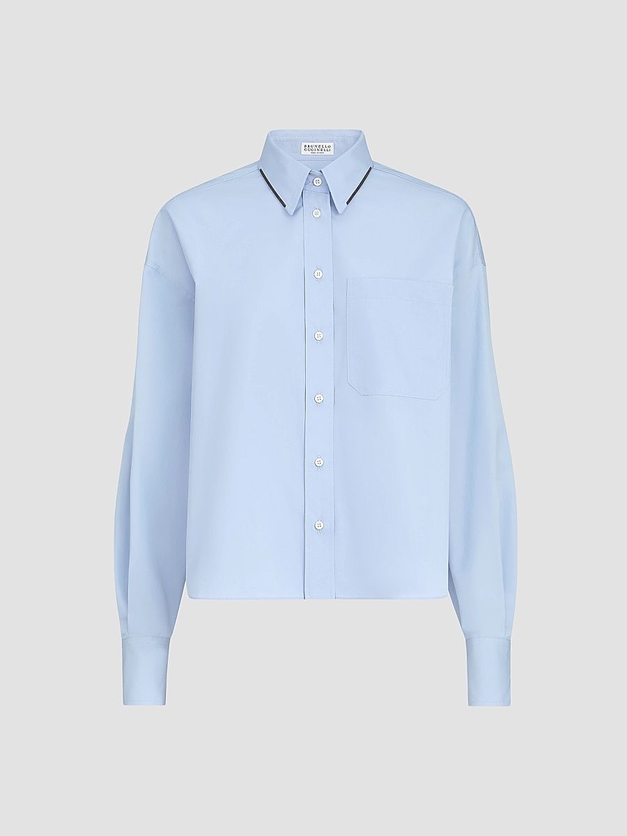 Women's Cotton Poplin Shirt with Shiny Details - Oxford Blue - Size XXXXL