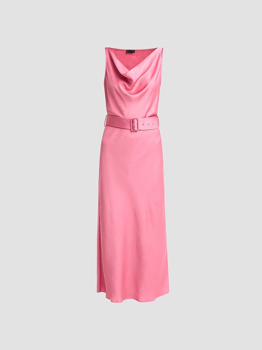 Women's Belted Lightweight Satin Midi Dress - Rouge - Size 14