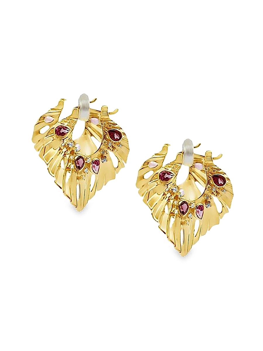 Women's Bahia 18K Yellow Gold, Pink Garnet & 0.33 TCW Diamond Hoop Earrings - Yellow Gold
