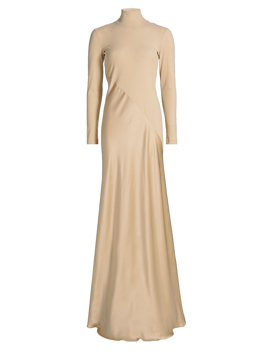 Women's Bias-Cut Turtleneck Mix Media Gown - Champagne - Size XS