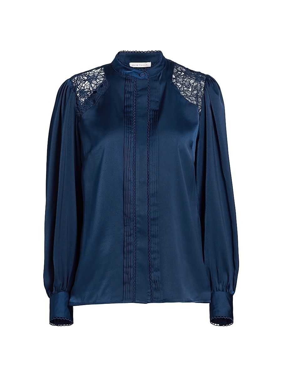 Women's The Esperanza Lace-Trimmed Satin Blouse - Blue Estate - Size XL