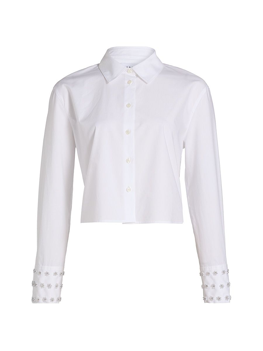 Women's Largaux Floral Embellished Crop Button-Front Top - Optic White - Size XL