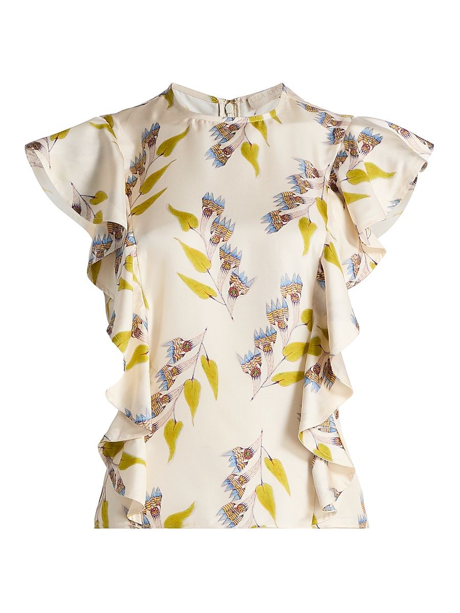 Women's Anna Zemankova Botanical Ruffled Silk Top - Infinite Flower - Size 12