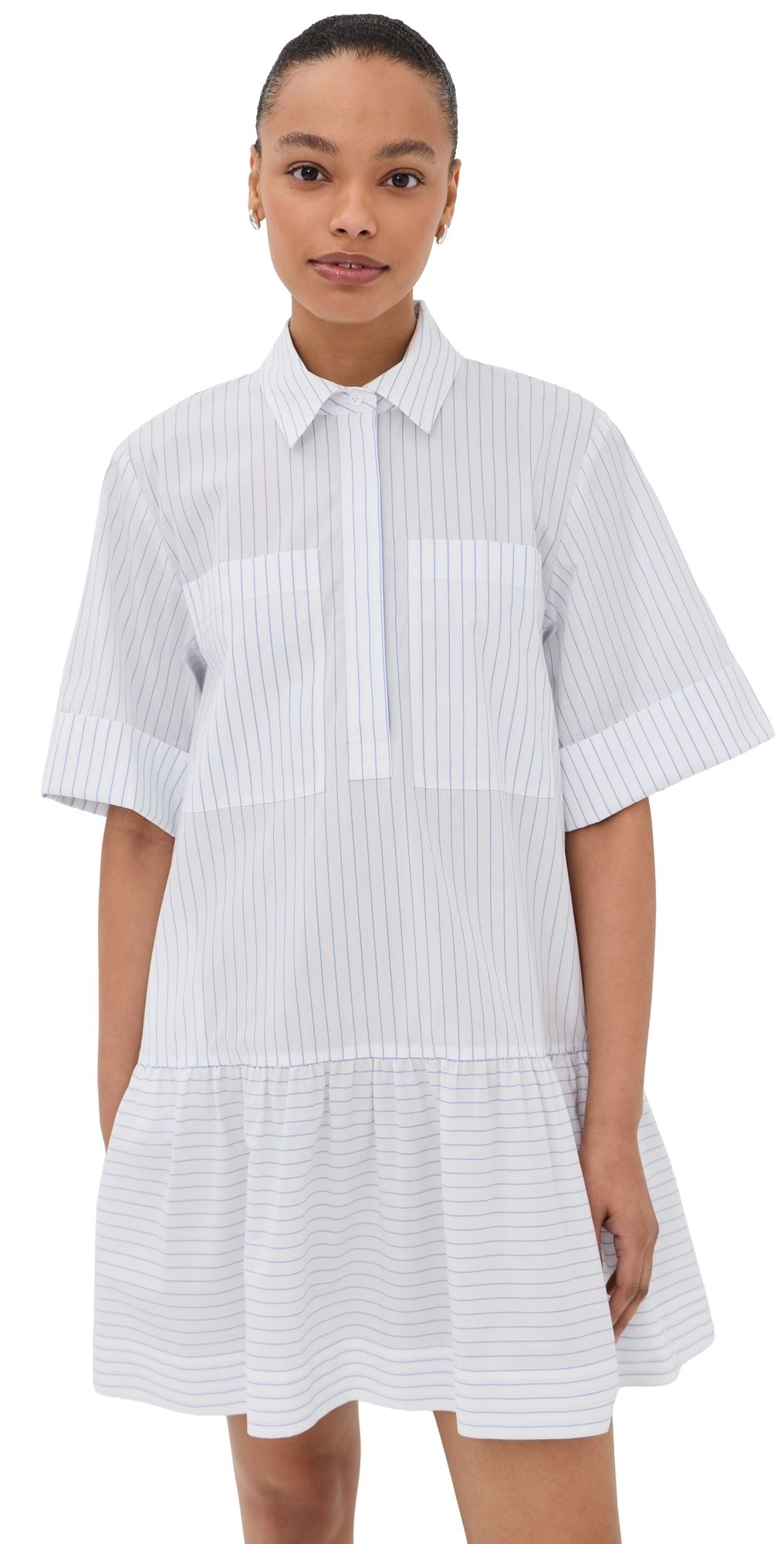 SIMKHAI Cris Button Up Shirt Dress White Stripe S