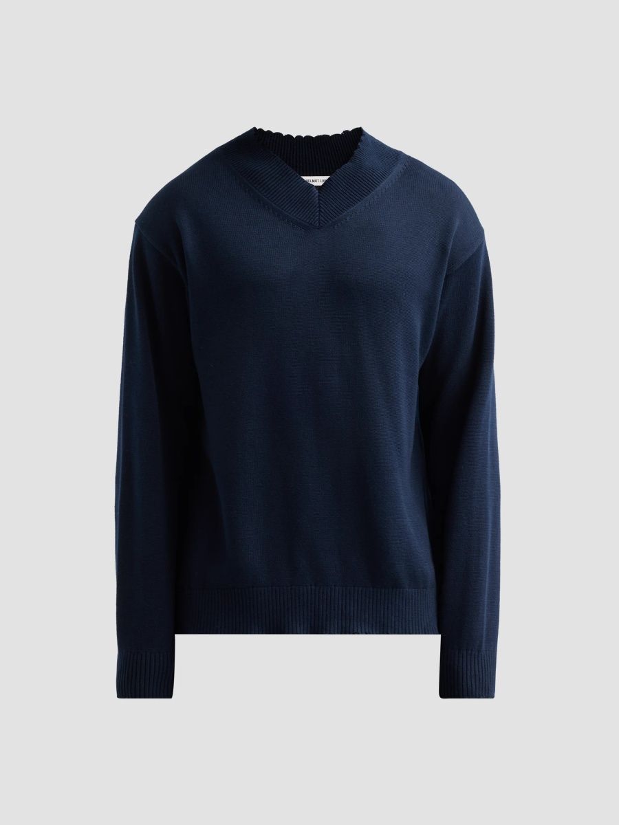 Helmut Lang Men's Distressed V-Neck Sweater - Dark Navy - Size Small