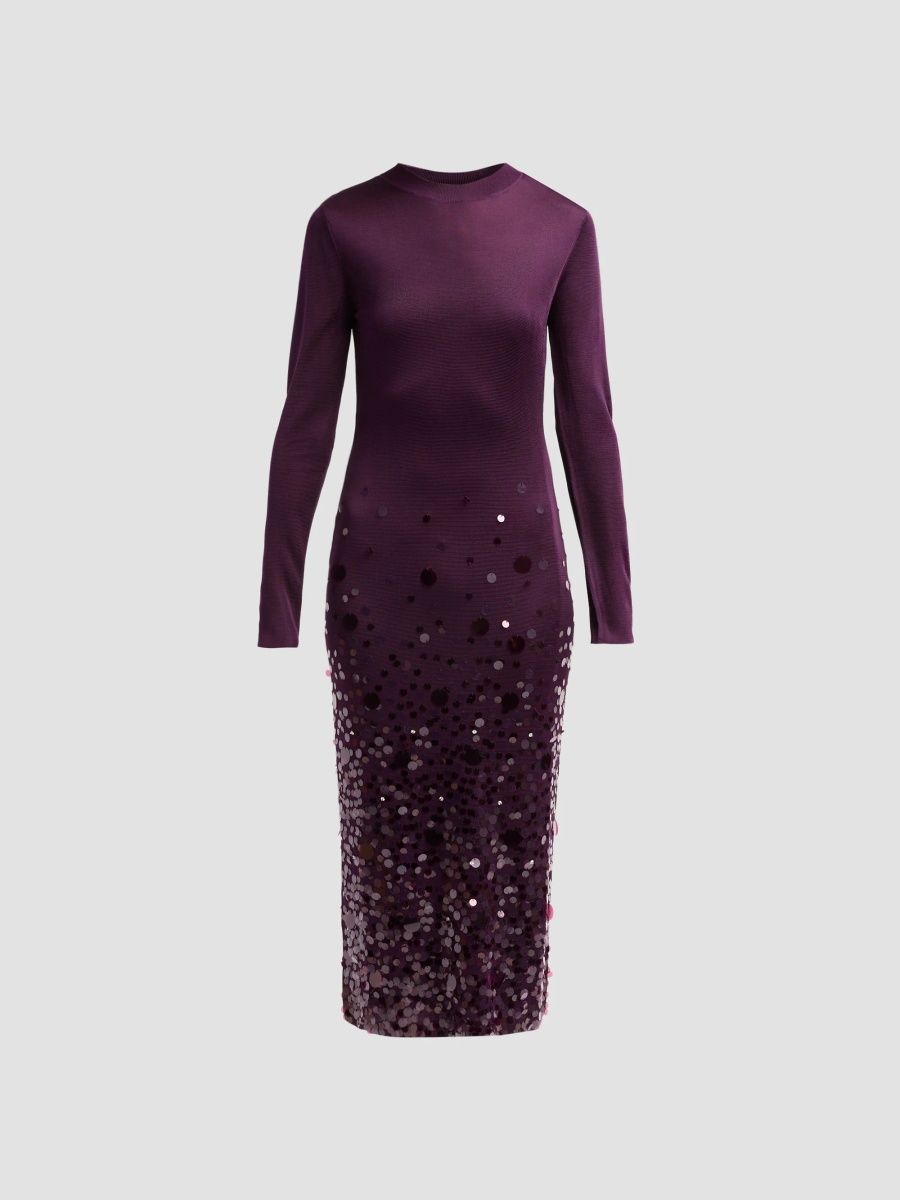 Carolina Herrera Women's Sequined Stretch Crewneck Midi Dress - Plum - Size XL